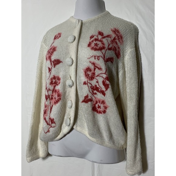 VTG 50s Carol Brent Cardigan Sweater Hand Painted Floral Granny Cottage Core L - Picture 3 of 16
